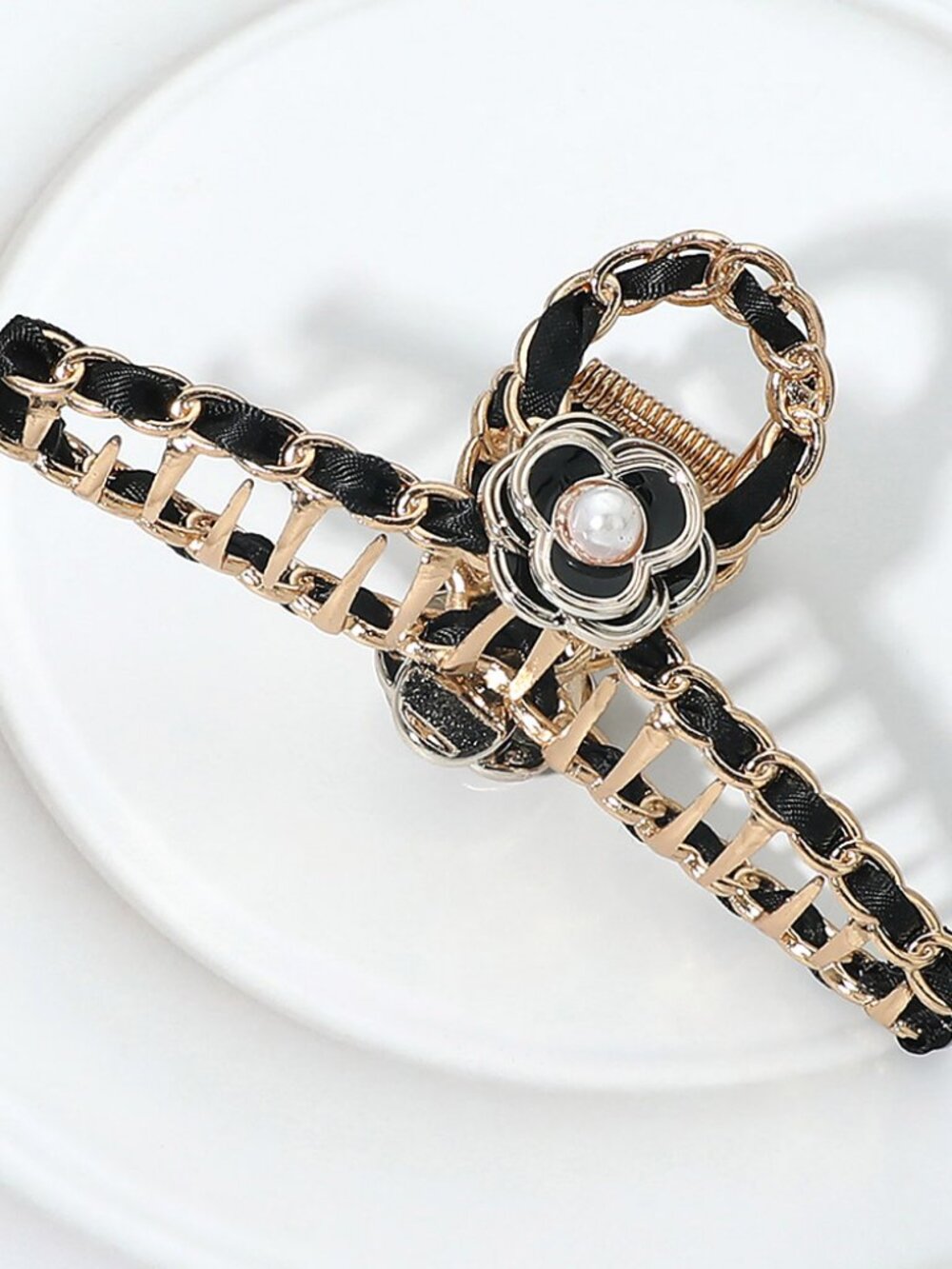 Floral Accent Chain Hair Claw Clip with Faux Pearl Center - Black